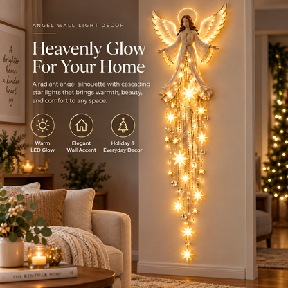 Christmas Angel Wall Light Decor, Warm LED Lighted Angel with Hanging Star Lights, Elegant Holiday Wall Decoration for Home, Living Room, Bedroom & Entryway