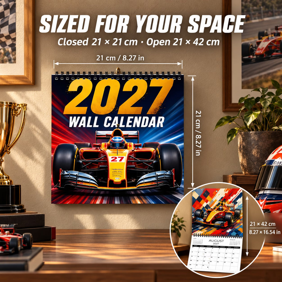 Size comparison showing the racing calendar closed at 21 by 21 centimeters and opened at 21 by 42 centimeters