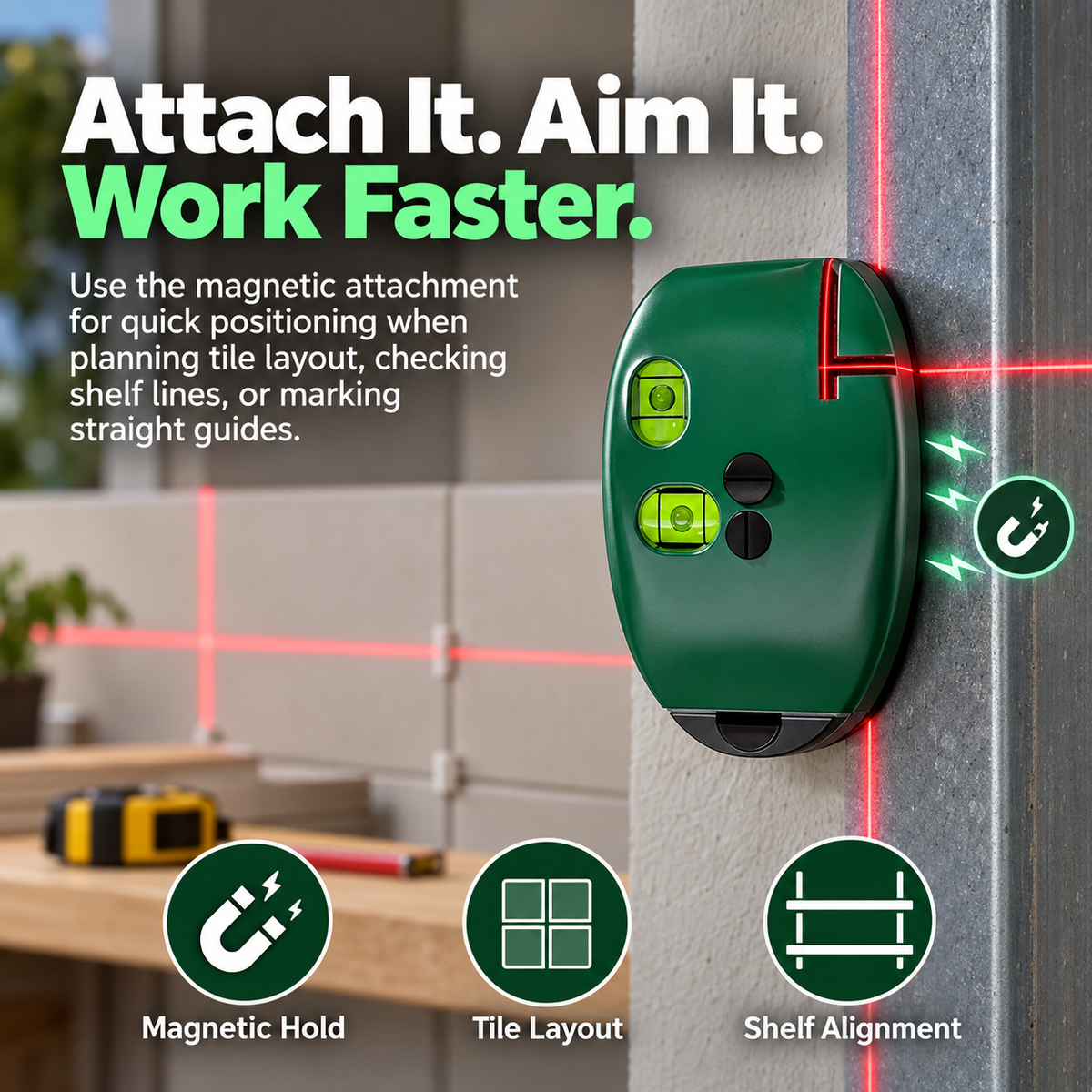 Laser Right Angle Level, 90° Cross Line Laser Level with Dual Bubble Vials, Compact Horizontal & Vertical Alignment Tool for Tile, Picture Hanging, Woodworking, DIY & Home Projects
