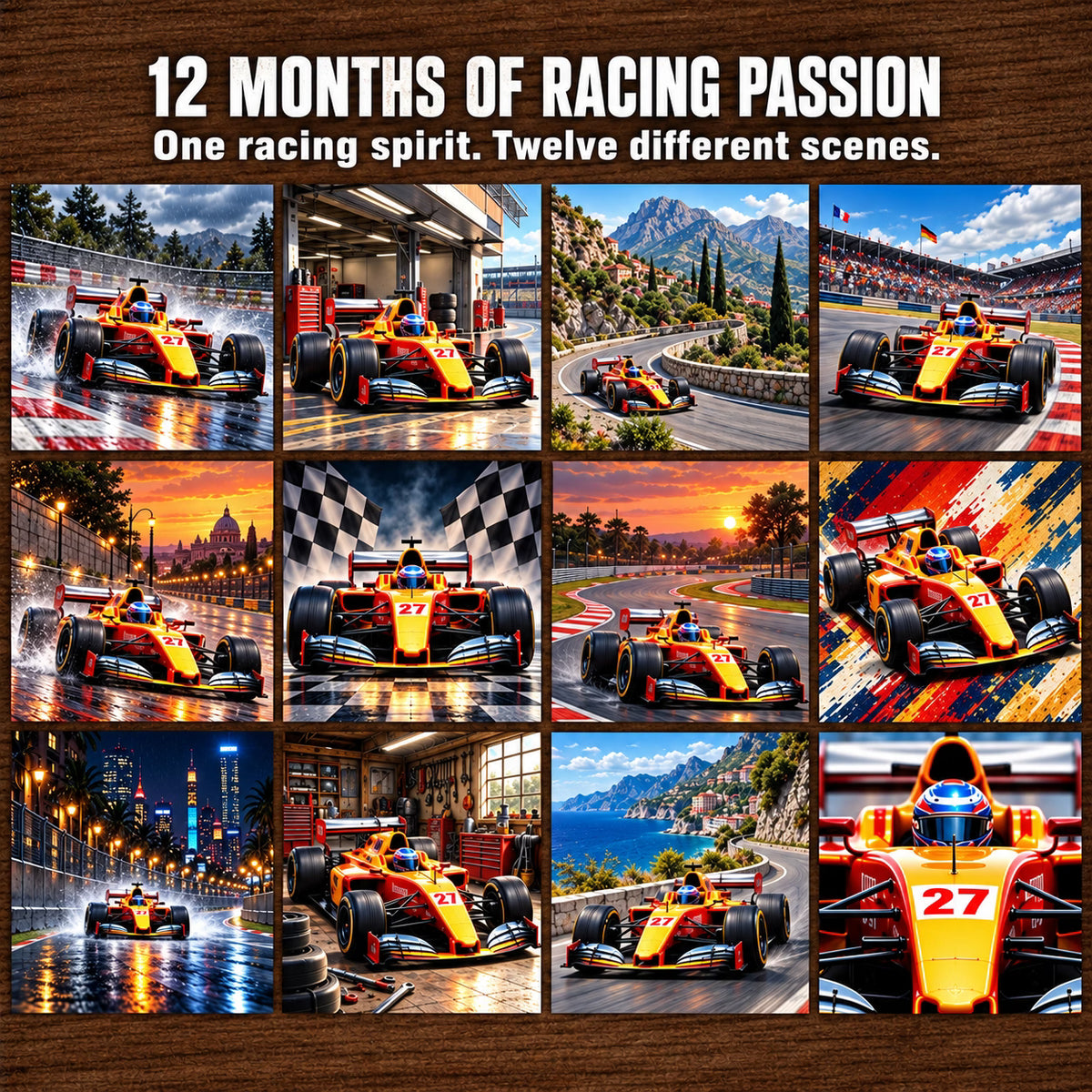 Collection overview showing twelve orange open-wheel racing car illustrations in different settings