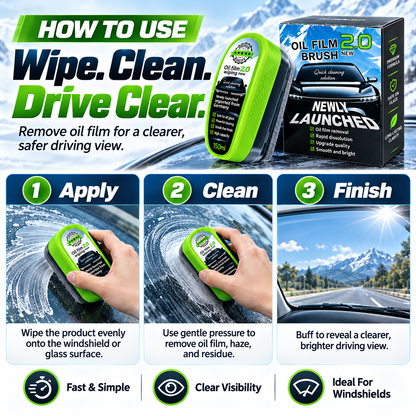 Car Windshield Oil Film Remover, Glass Cleaning Brush with Built-In Cleaner, Streak-Free Auto Glass Cleaner for Windshield, Windows & Mirrors, Easy Visibility Restorer