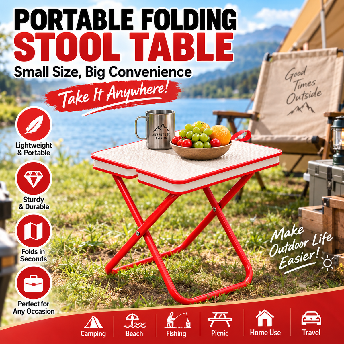 Portable folding stool used at an outdoor campsite