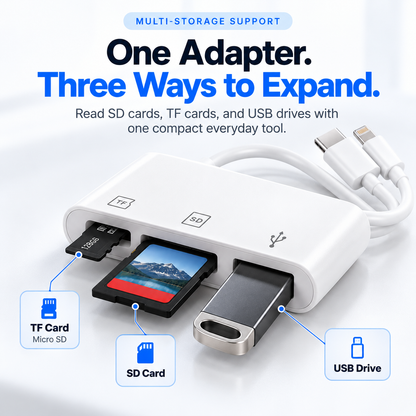 Three-in-one memory card reader with SD card, TF card and USB drive positions illustrated