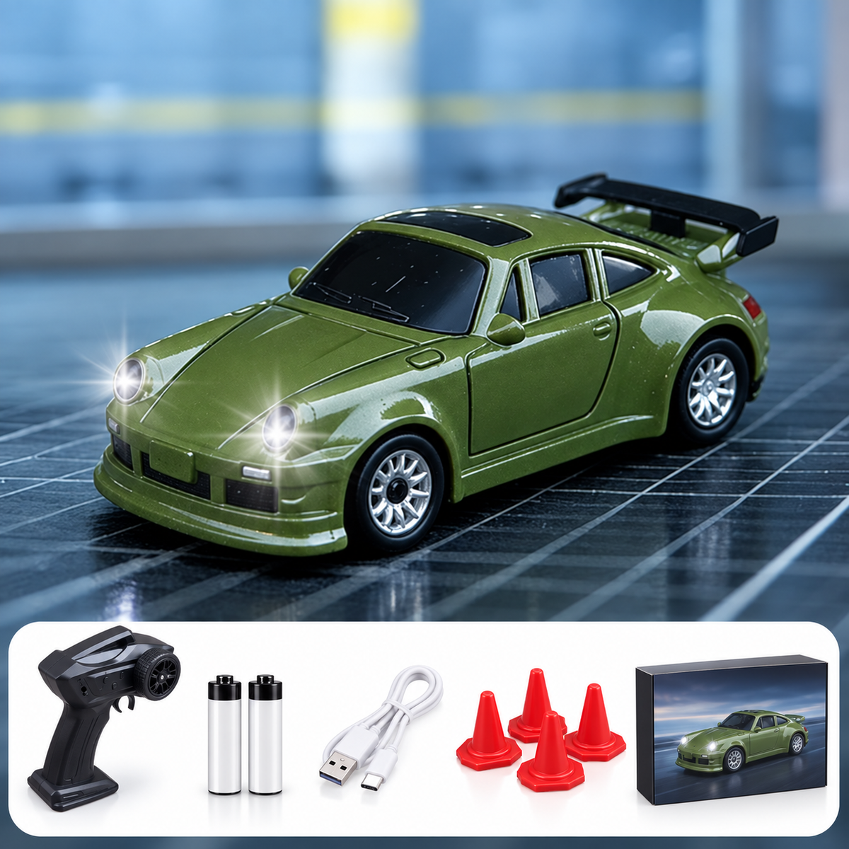 1:64 RC Drift Car, 2.4GHz Remote Control Racing Car with LED Headlights, Rechargeable Mini Drift Car with Traffic Cones, High-Speed Toy Car Gift for Kids & Adults