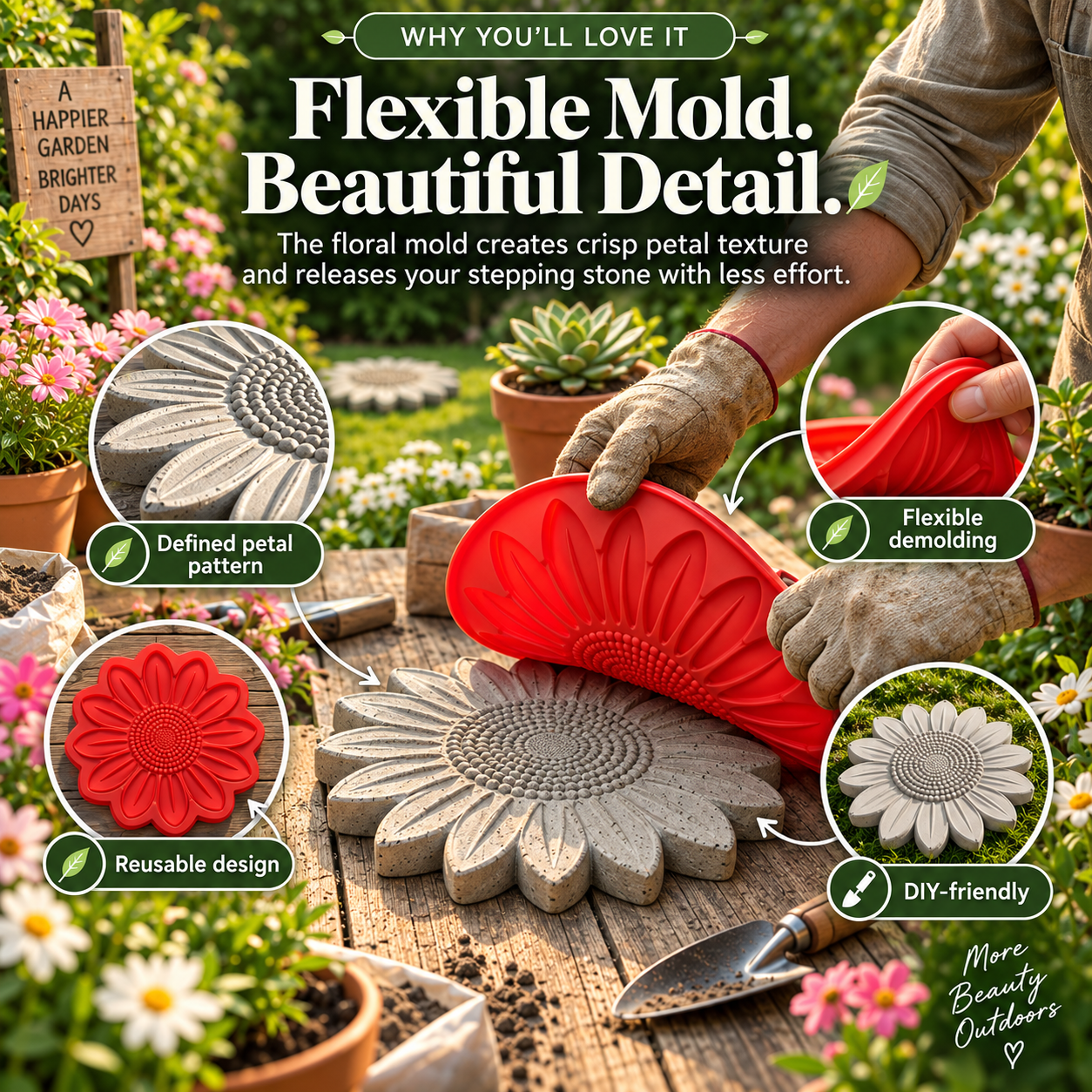 Flexible red sunflower stepping stone mold peeling away from cured concrete flower