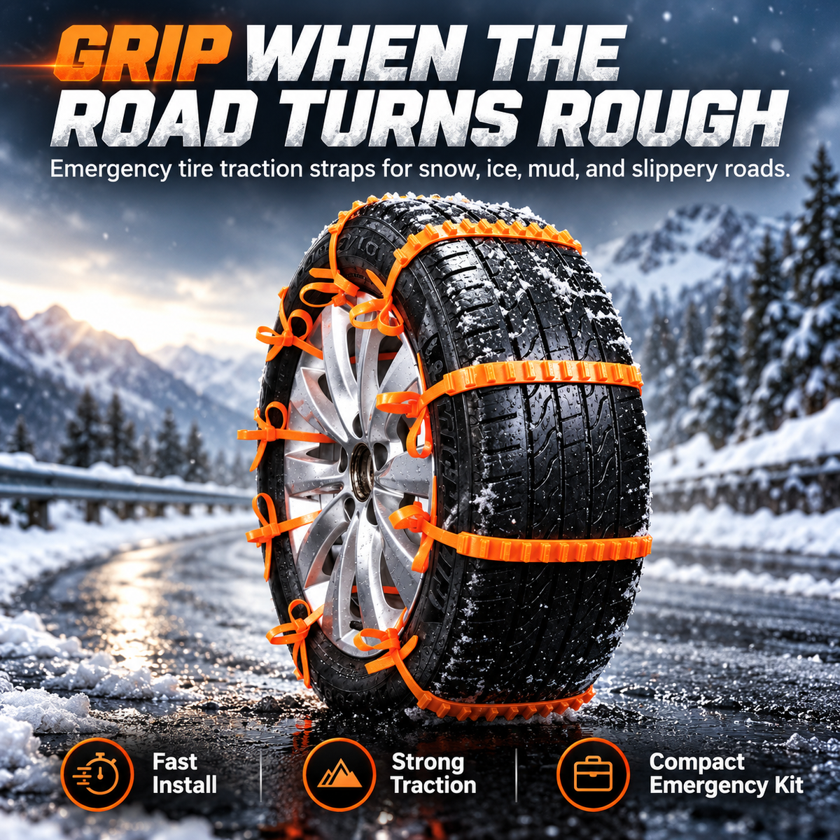 ❄️ IceGrip™ Emergency Snow Traction Straps – Quick-Install Tire Grip for Snow & Ice