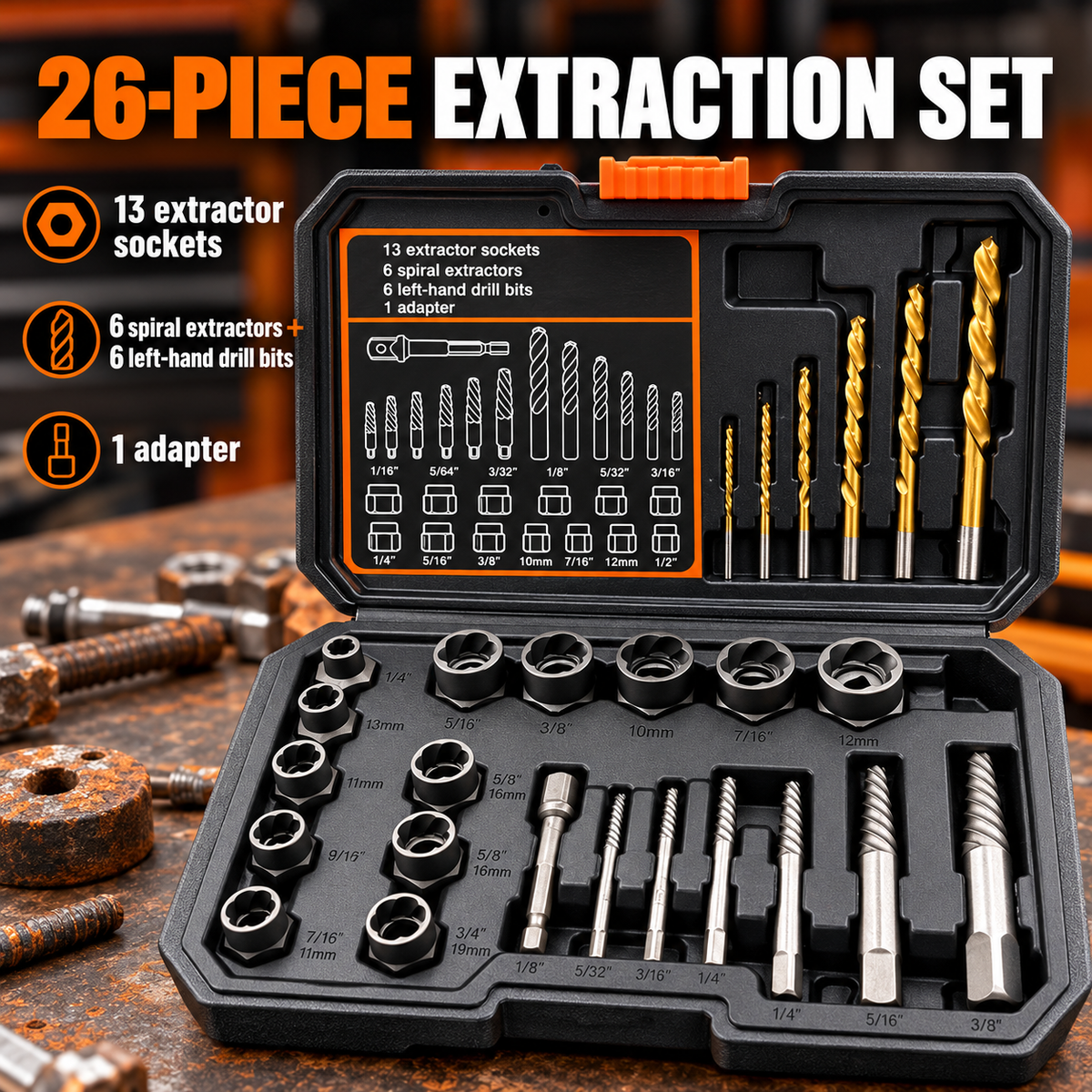 🔧 BoltBreaker™ Extraction Tool Set – 26-Piece Stuck Bolt & Screw Remover