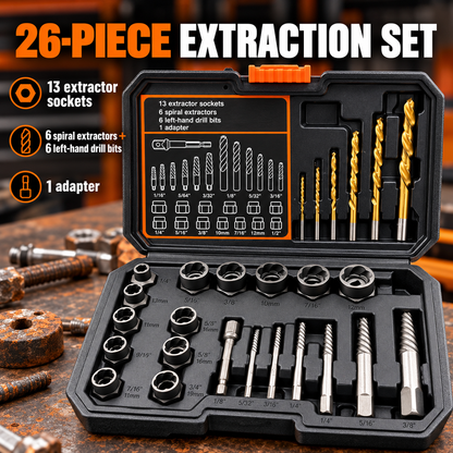 🔧 BoltBreaker™ Extraction Tool Set – 26-Piece Stuck Bolt & Screw Remover