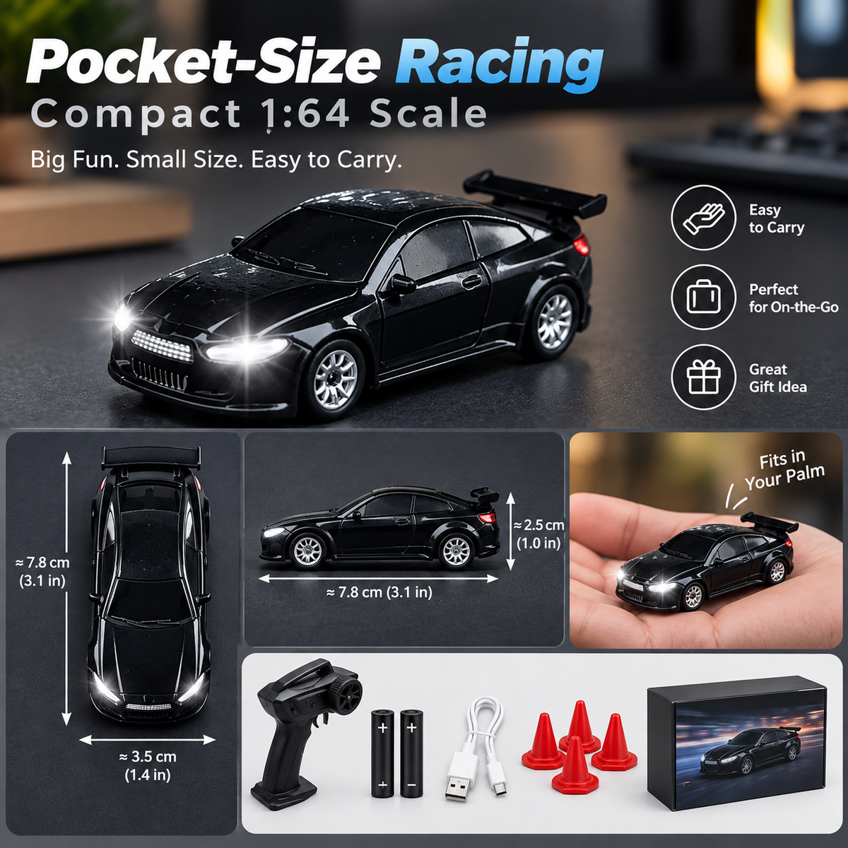 Pocket size 1:64 RC drift car dimension diagram showing 7.8 cm length 3.5 cm width and 2.5 cm height