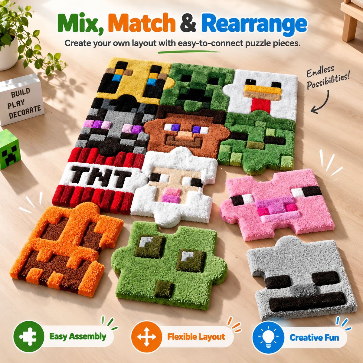 🎮 PixelPlay™ Puzzle Rug – Interlocking Soft Pixel Floor Mat for Fun Gaming Spaces