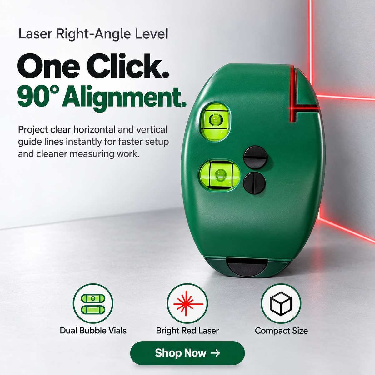 Laser Right Angle Level, 90° Cross Line Laser Level with Dual Bubble Vials, Compact Horizontal & Vertical Alignment Tool for Tile, Picture Hanging, Woodworking, DIY & Home Projects
