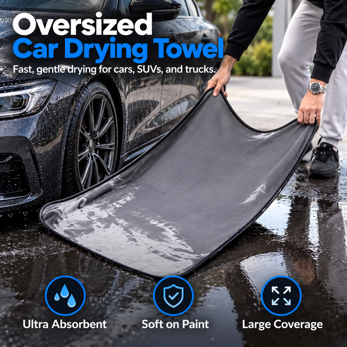 🚗 AquaMax™ Car Drying Towel – Ultra Absorbent Oversized Microfiber Towel for Spotless Shine