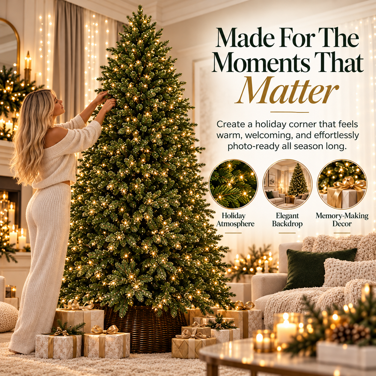 A person decorating an illuminated Christmas tree in a festive room