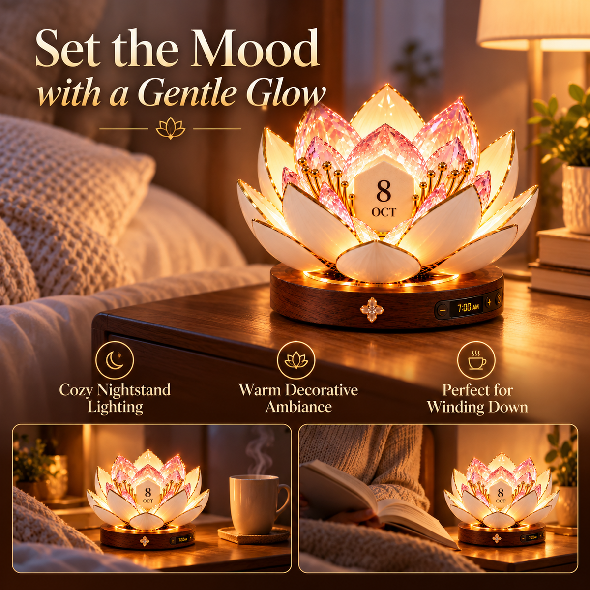 Blooming lotus light creating warm bedside ambiance beside a book and tea