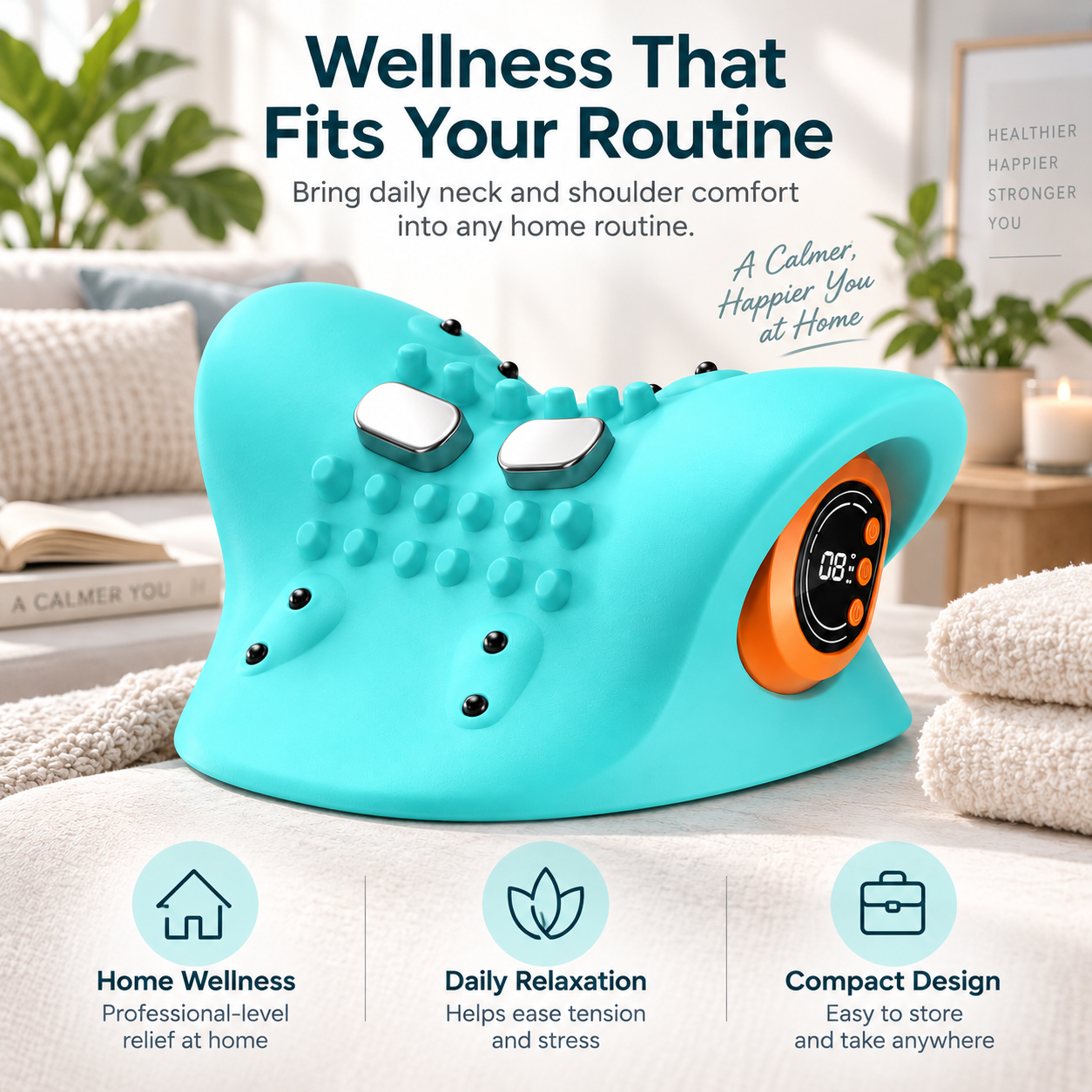 Compact NeckEase Pro neck massager displayed in an at-home wellness setting