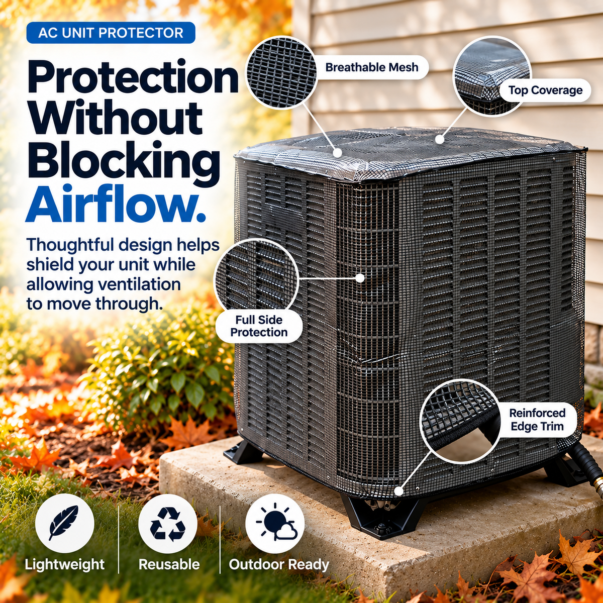 🛡️ AC ShieldPro™ Outdoor Unit Cover Protect Your AC. Keep Airflow Free.