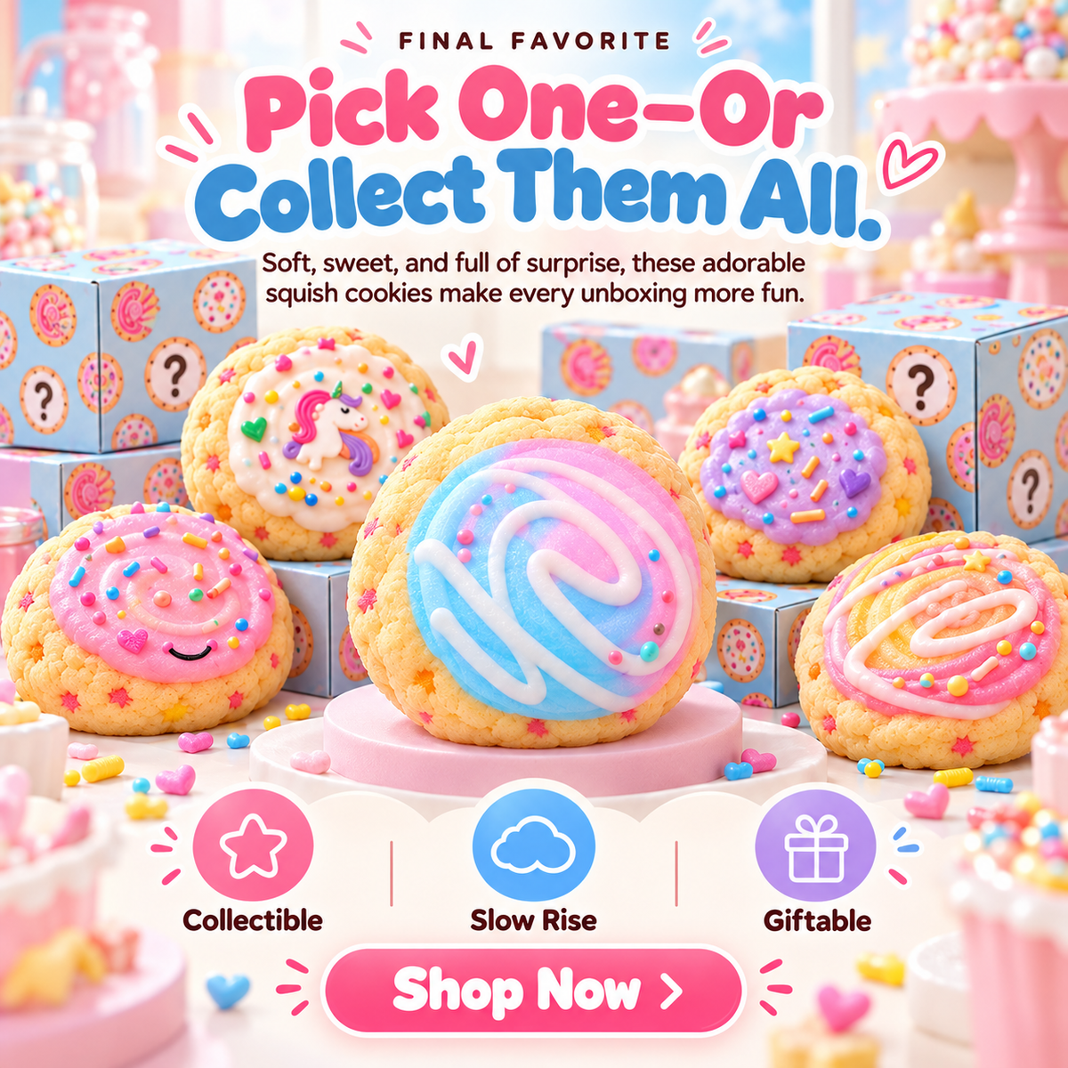 Collection of pastel cookie squishies and mystery boxes