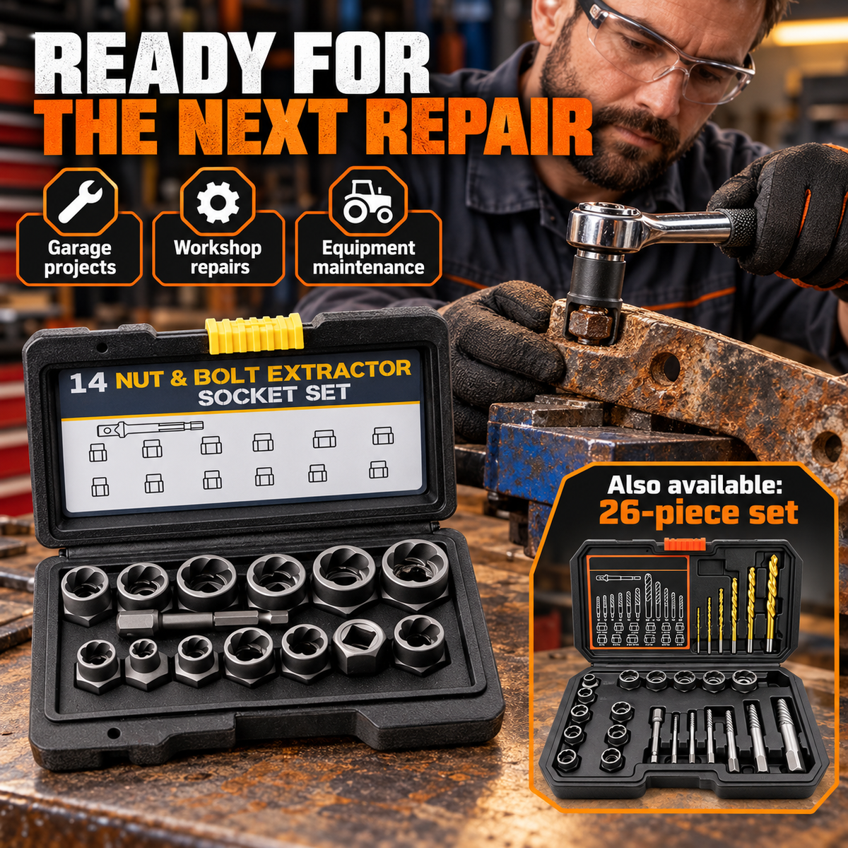 Workshop repair scene illustrating a bolt extraction tool kit for suitable garage and equipment maintenance tasks