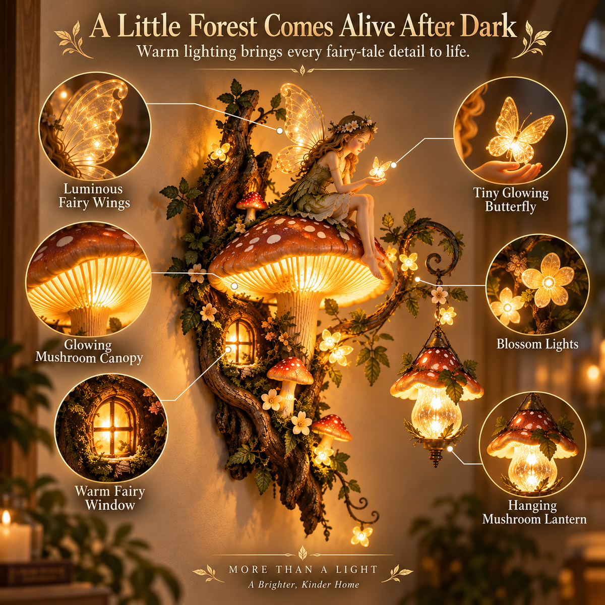 Layered glowing details of the Enchanted Mushroom Fairy Wall Light