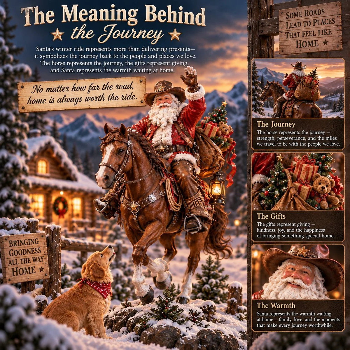Cowboy Santa riding home through a snowy Christmas landscape