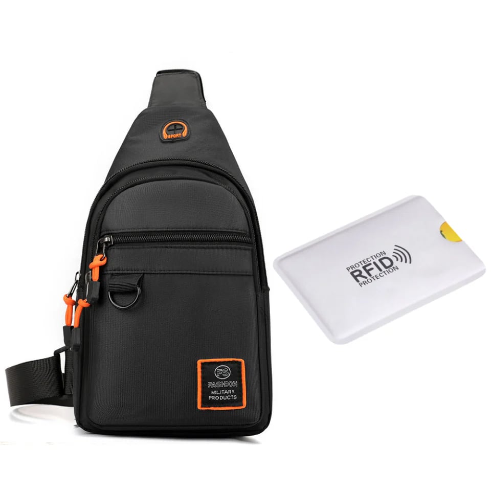 Black crossbody sling bag shown with an RFID protection card