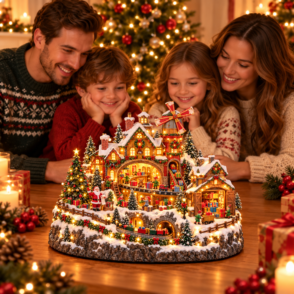 Santa’s Magical Workshop with gifts and miniature glowing buildings viewed by a family