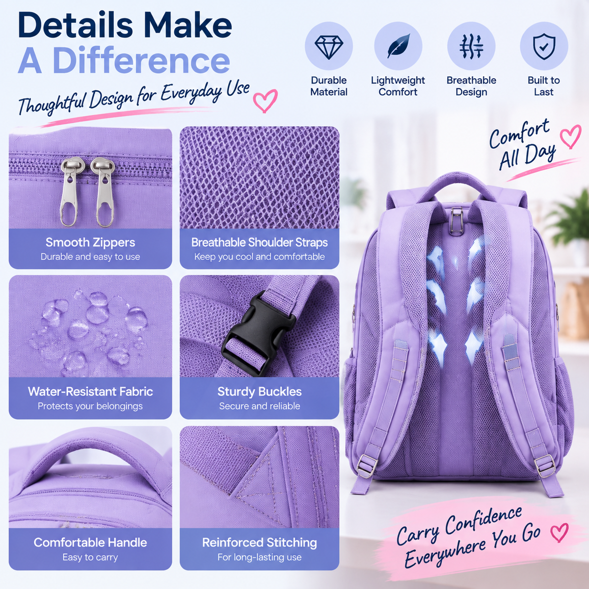 🎒 CarryEase™ Everyday Backpack – Lightweight & Roomy Multi-Pocket Bag for School, Travel & Daily Life