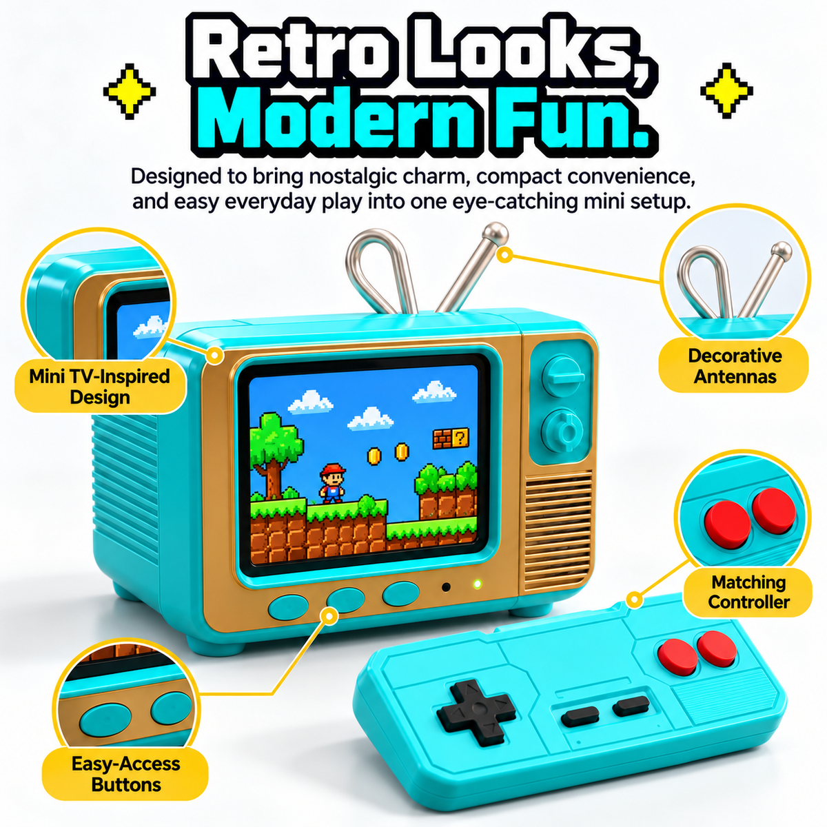 Mini Retro TV Game Console with 300+ Classic Games, Compact Plug-and-Play Gaming System with Controller for Kids, Teens & Retro Game Lovers