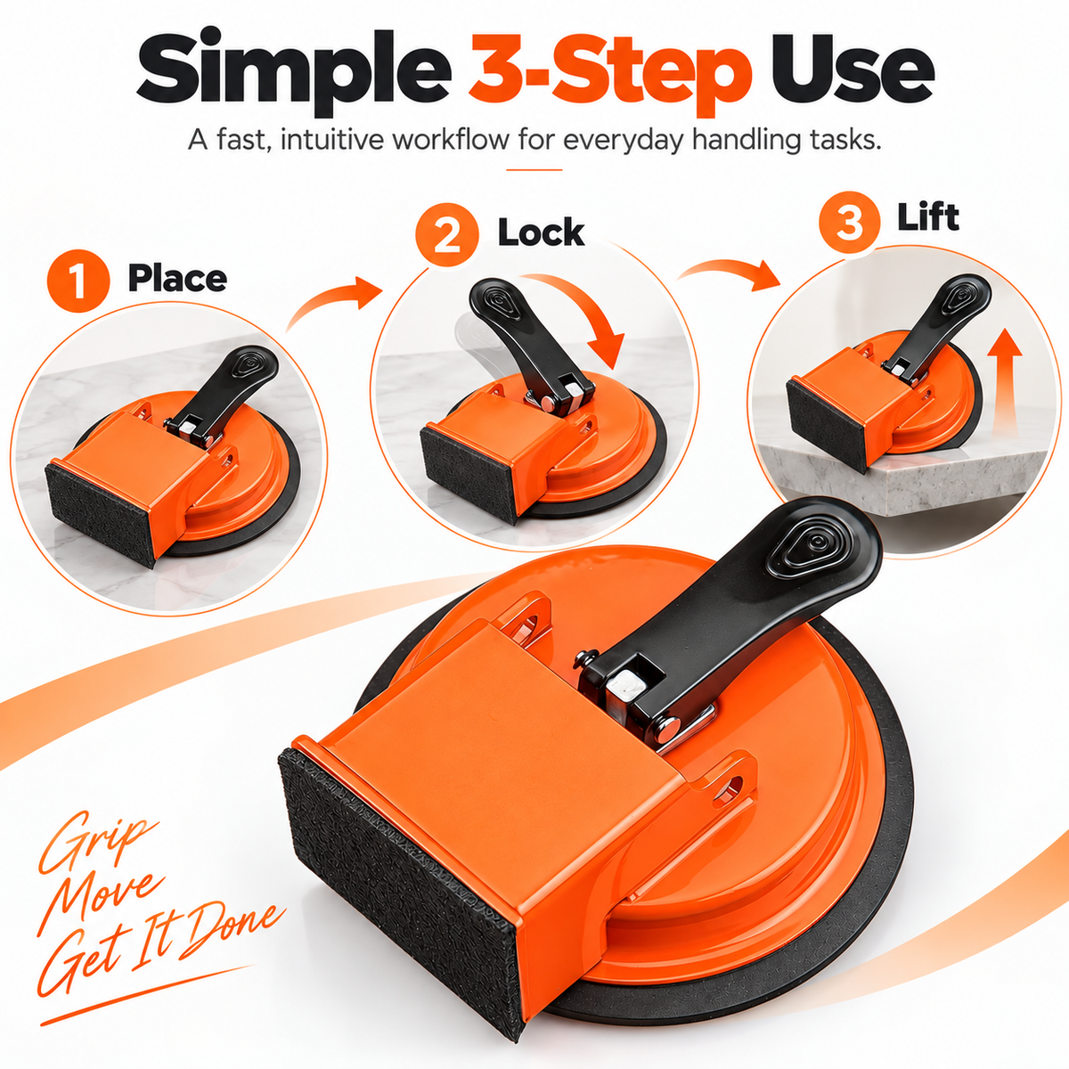 Three step use guide for vacuum surface grip