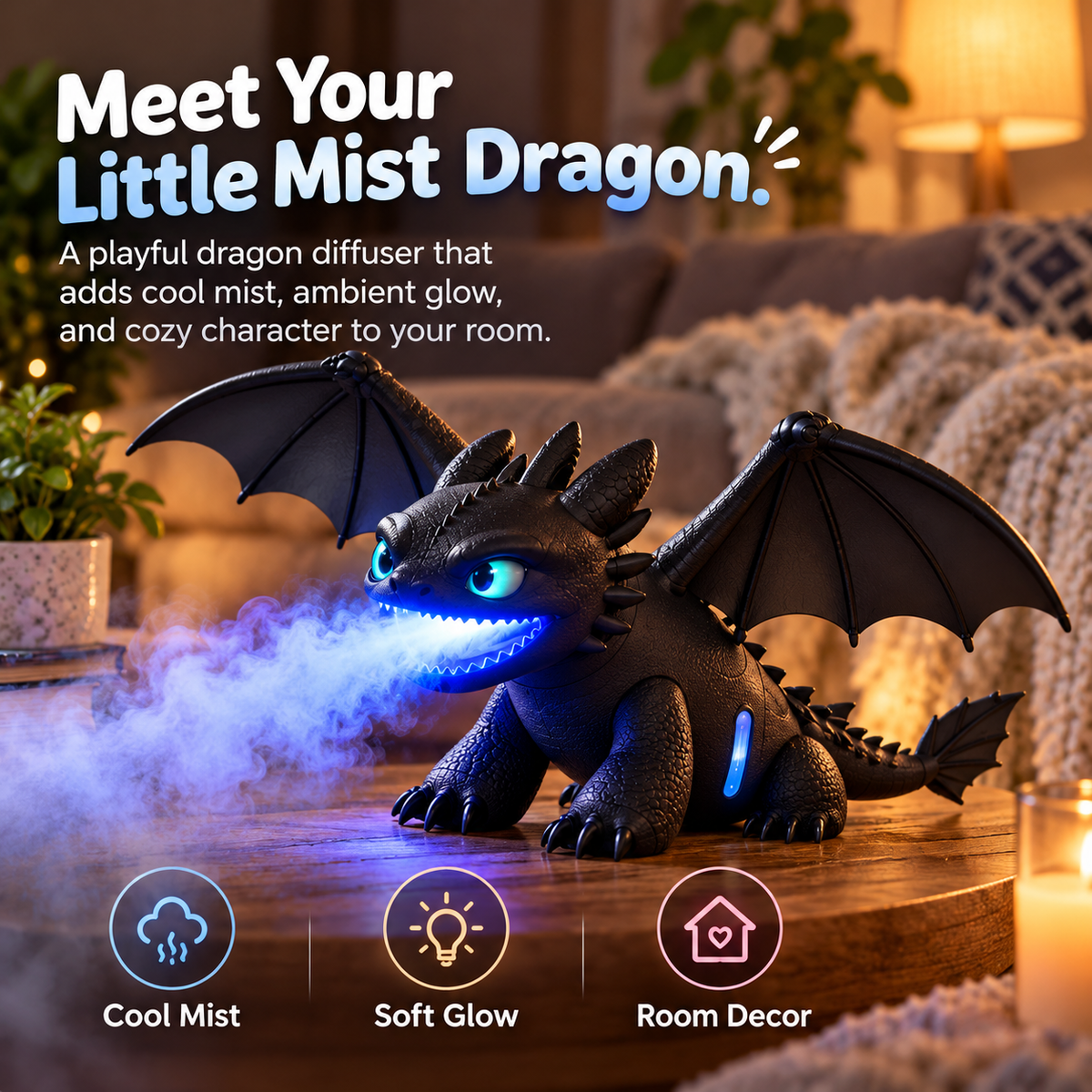 🐉✨ Little Mist Dragon Humidifier | Magical Glow & Cozy Vibes 💙