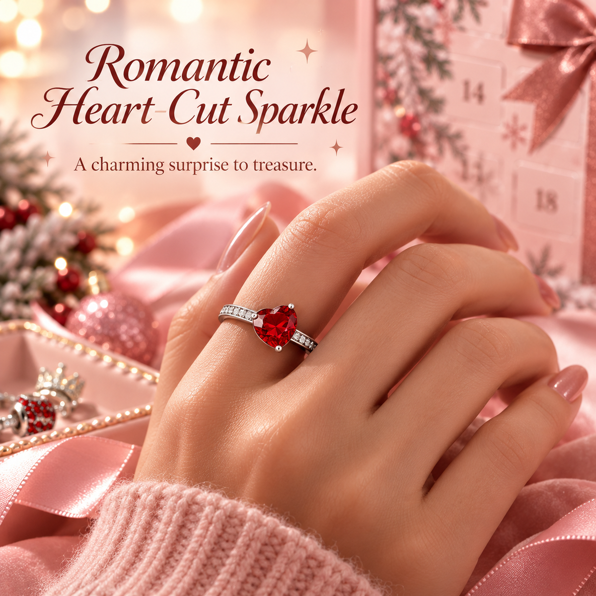 Close-up of a decorative red heart-shaped ring with silver-tone setting against a soft pink holiday background