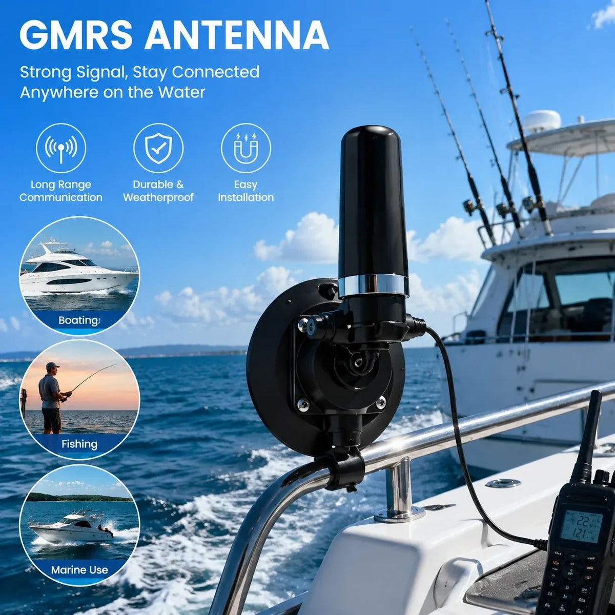Vacuum mounted GMRS antenna shown on boat for marine and fishing radio setup