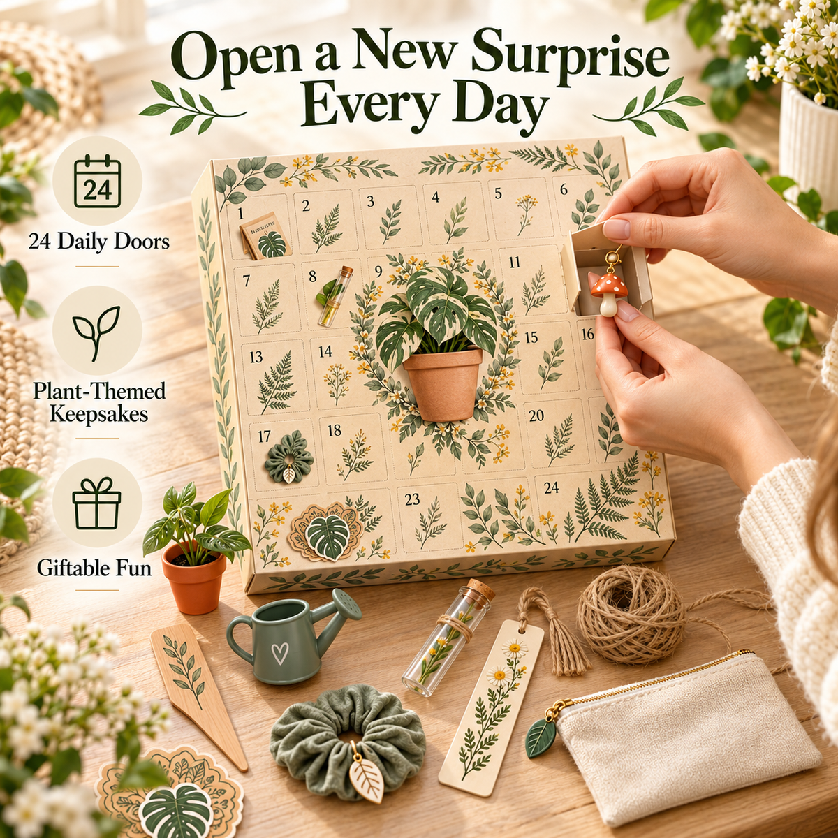 Hands opening a numbered door on a botanical advent calendar to reveal a small themed surprise