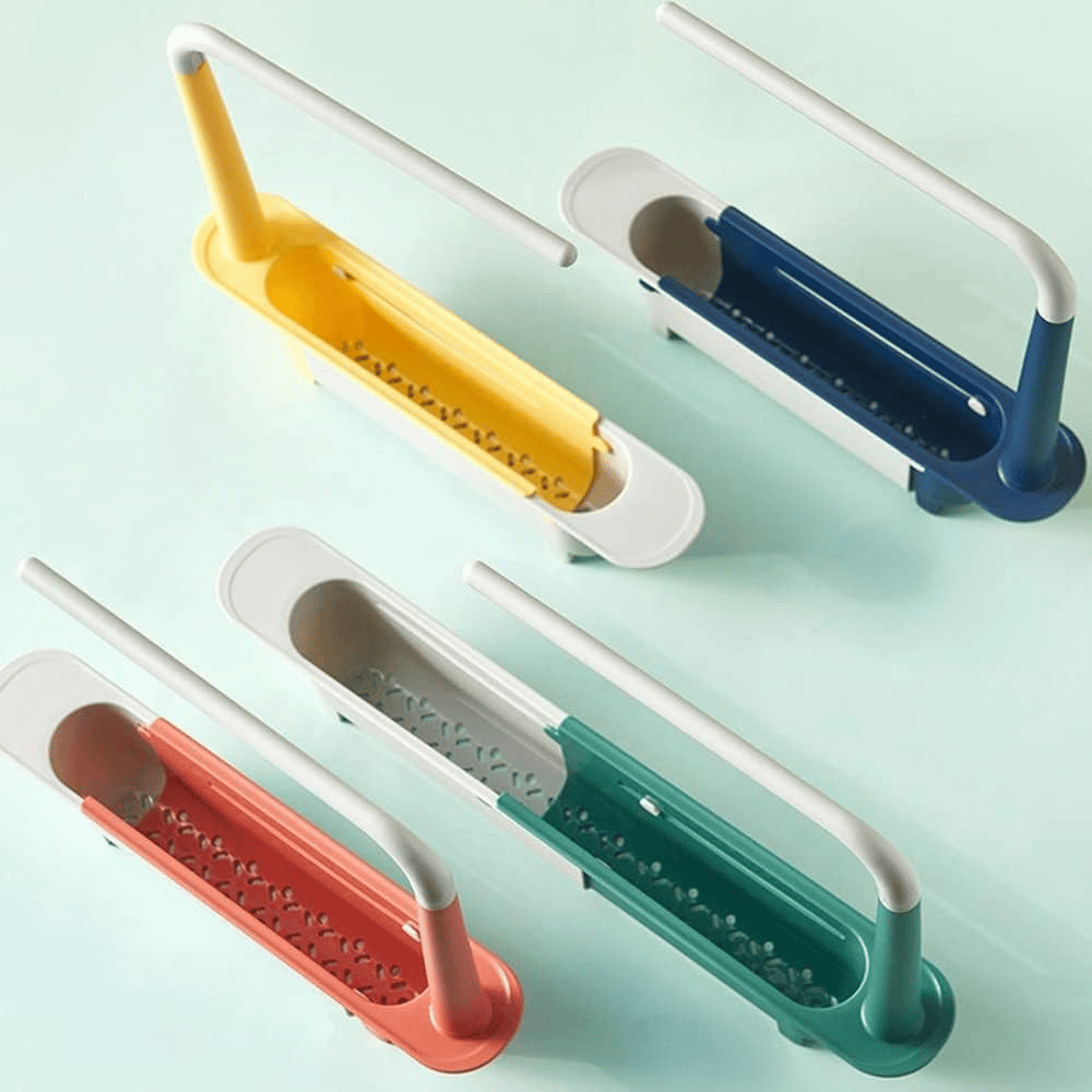 Four telescopic sink storage racks shown in yellow blue red and green color variants
