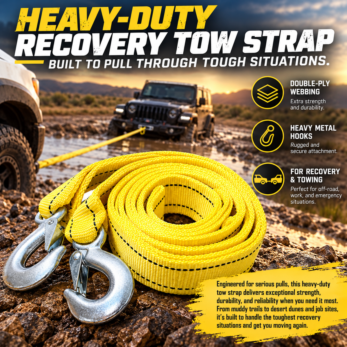 Heavy-duty yellow woven tow strap with metal hooks displayed on rocky terrain near off-road vehicles