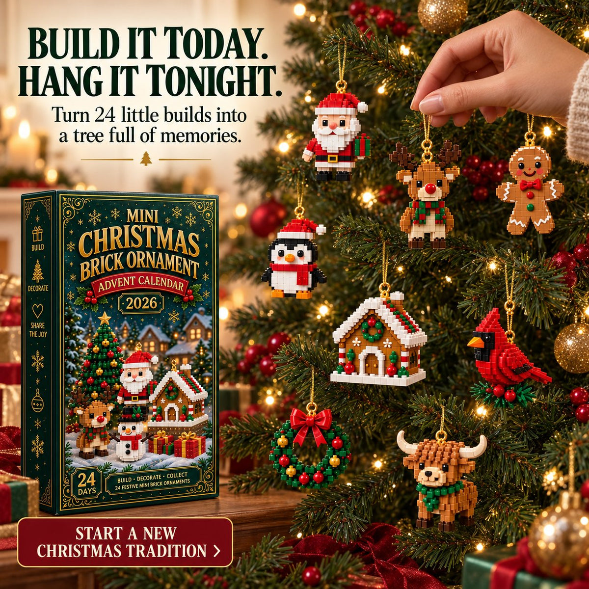 Hand hanging finished miniature Christmas brick ornaments on a decorated Christmas tree