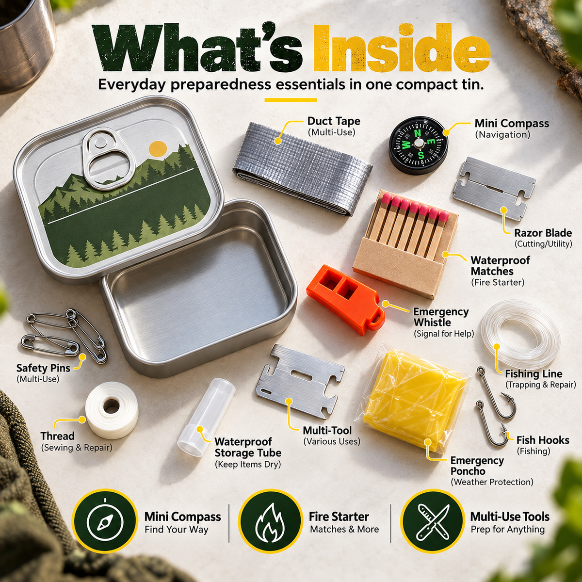 Pocket Survival Kit, Compact Emergency Essentials Tin with Multi-Tool Accessories, Mini Outdoor Preparedness Kit for Camping, Hiking, Travel, Backpacking & Everyday Carr