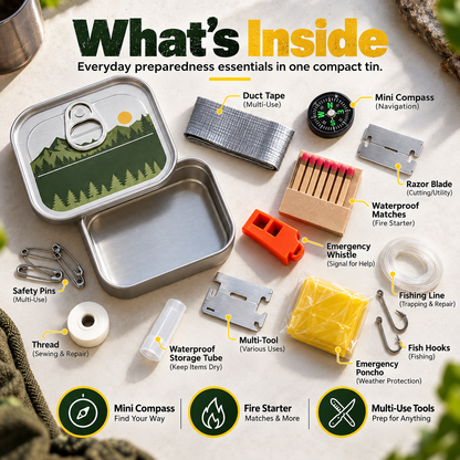 Pocket Survival Kit, Compact Emergency Essentials Tin with Multi-Tool Accessories, Mini Outdoor Preparedness Kit for Camping, Hiking, Travel, Backpacking & Everyday Carr