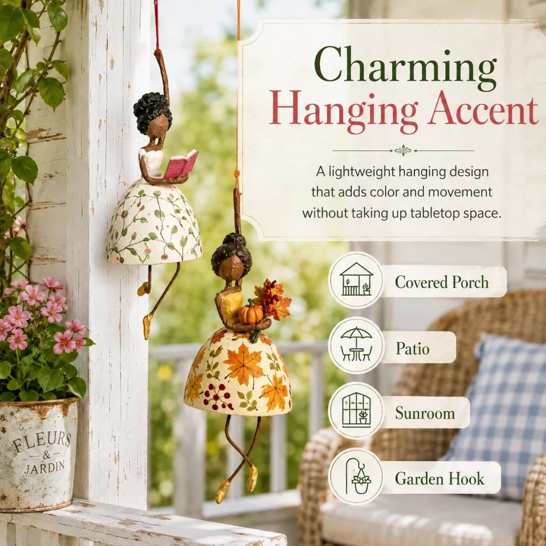 Reading and harvest lady ornaments hanging on sheltered porch