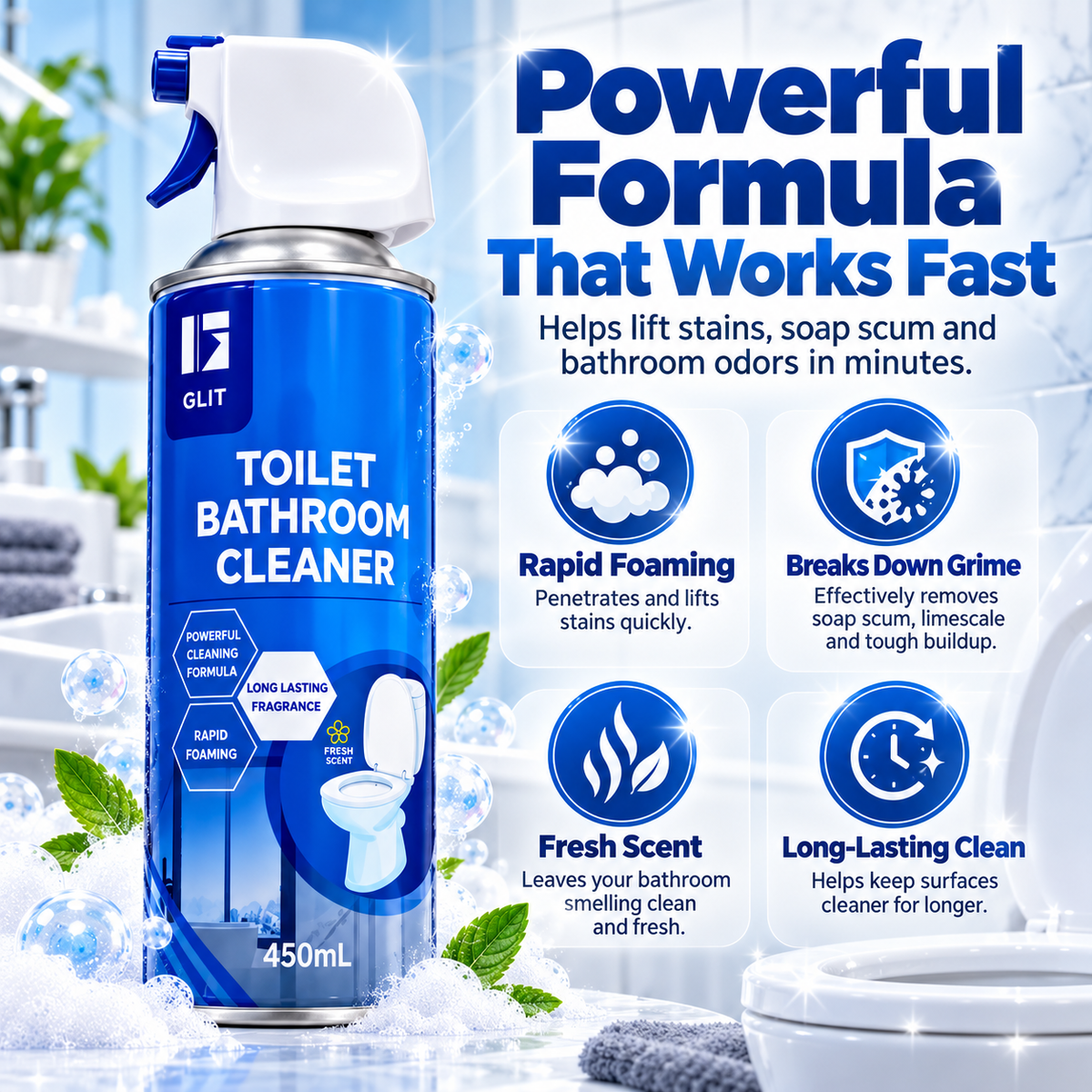 🚿 FoamBlitz™ Toilet & Bathroom Cleaner – Powerful Foaming Spray for Deep Cleaning & Freshness