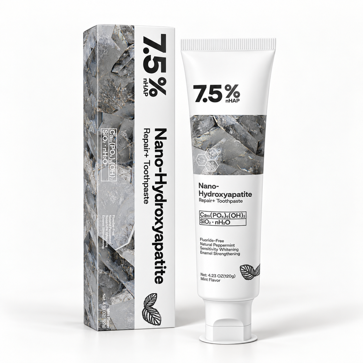 Tube and box of 7.5 percent nano hydroxyapatite toothpaste