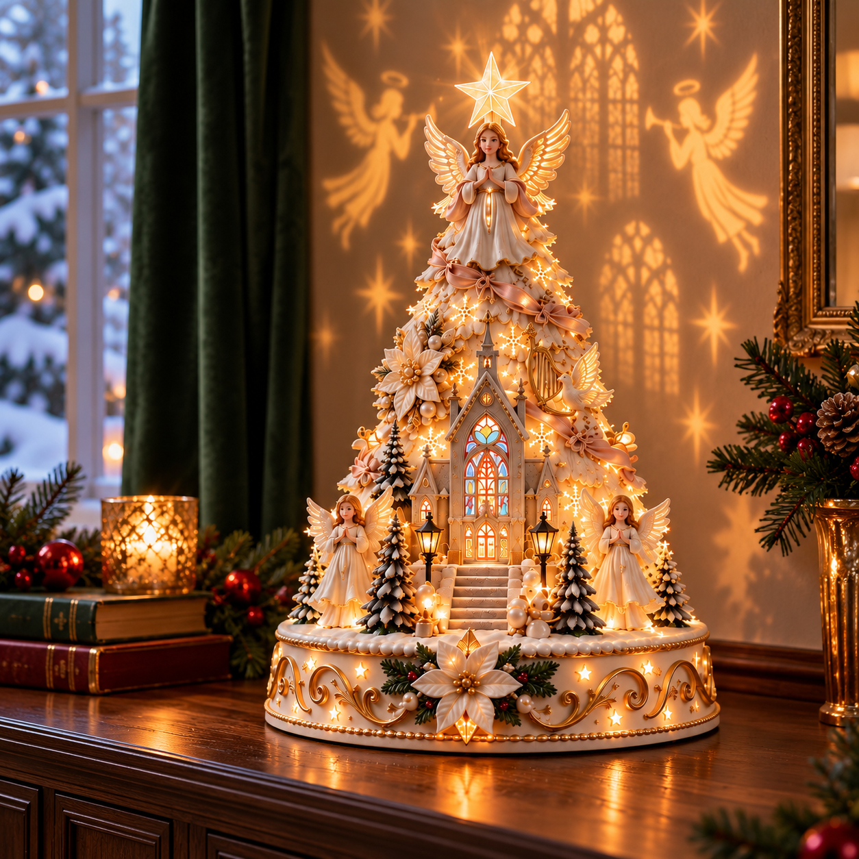 Angel Chapel Christmas Lightscape Tree with ivory and gold angels chapel architecture and light projections