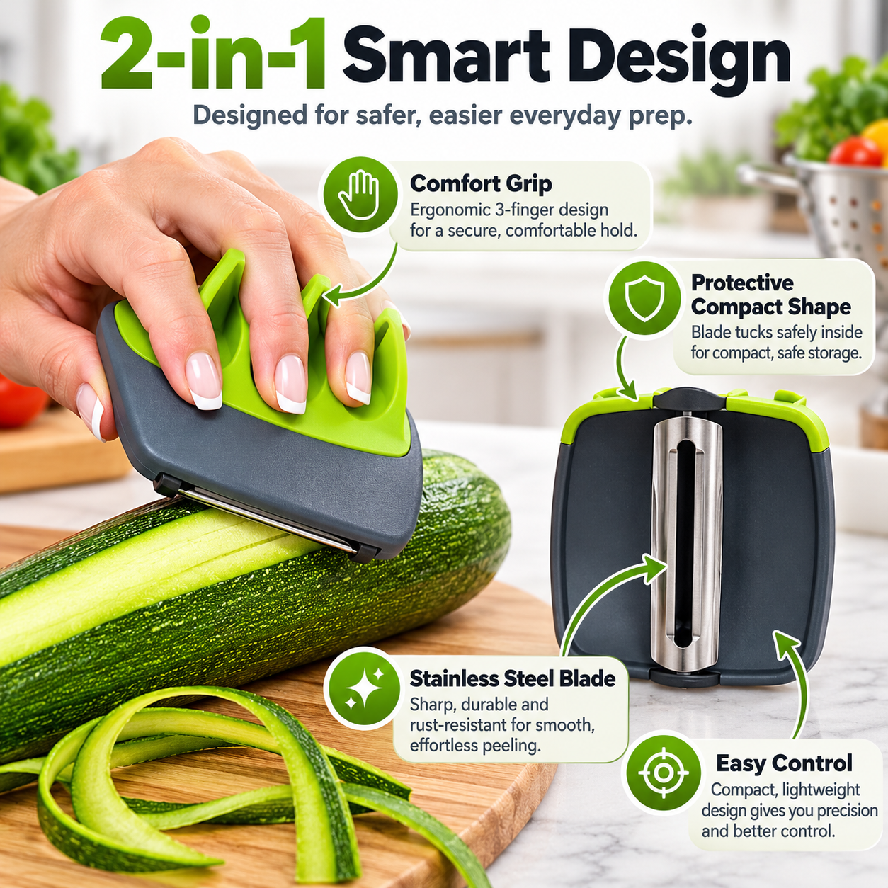 Peeler showing the molded finger supports, compact body and stainless steel blade underneath
