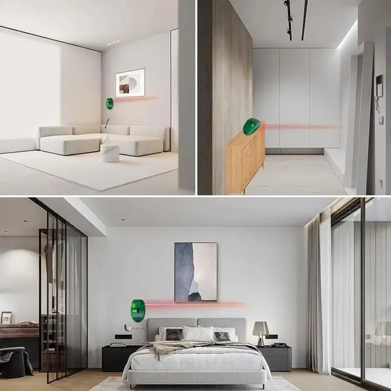 Red laser alignment line demonstrated across living room bedroom and cabinetry areas