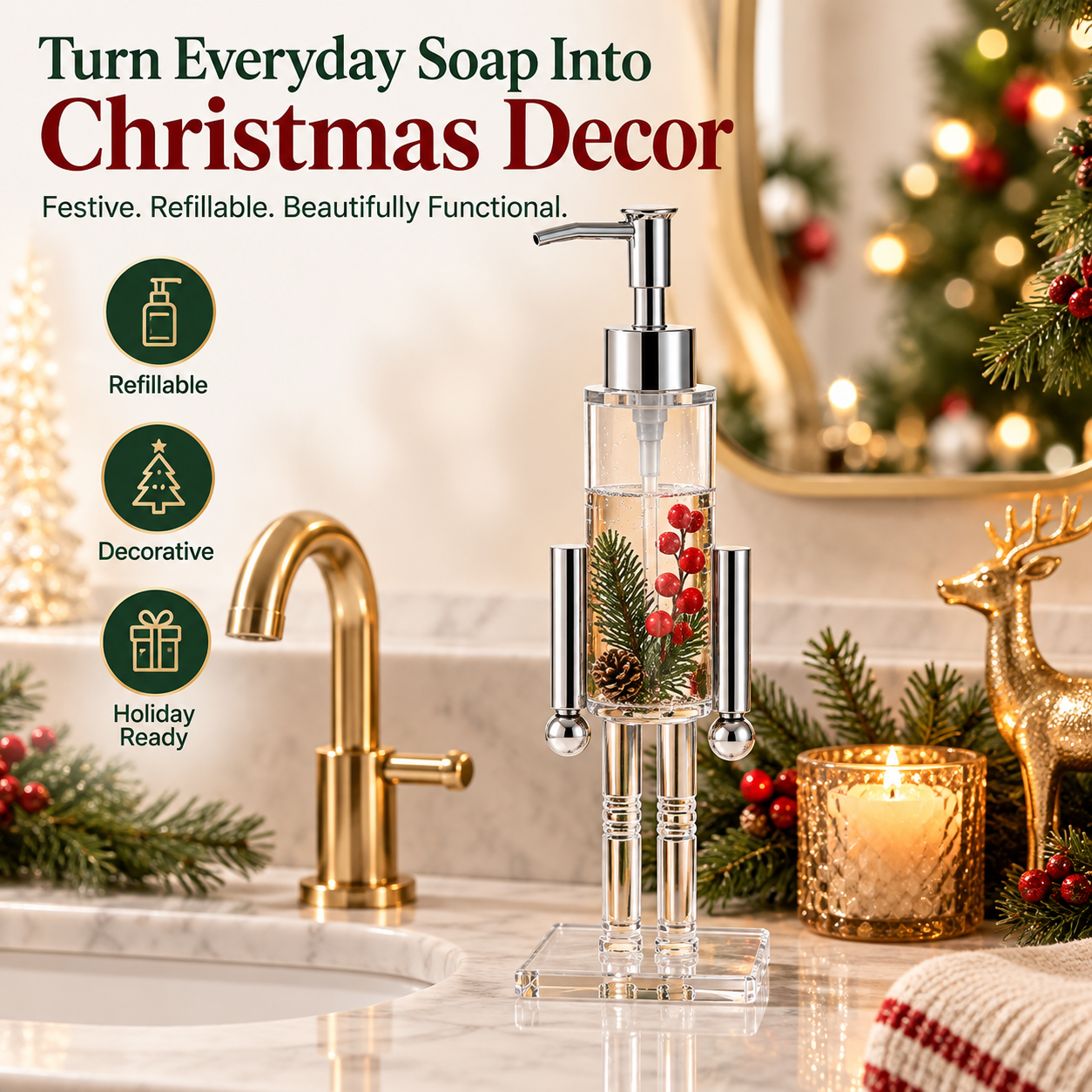 Festive nutcracker-inspired refillable soap dispenser in a Christmas bathroom setting