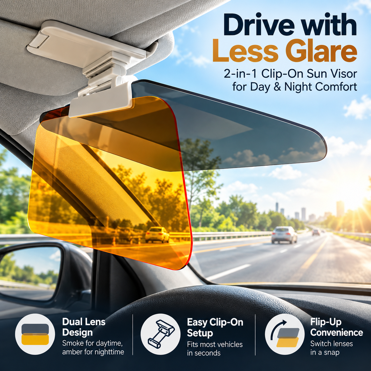 Dual-lens clip-on car sun visor installed above the windshield with an amber flip-down panel and smoke-tinted upper panel on a bright sunny road