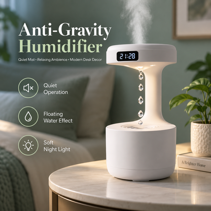 Anti-Gravity Humidifier with Floating Water Drop Effect, Quiet Desktop Cool Mist Humidifier with Soft Night Light & Digital Clock, Modern Bedside Decor for Bedroom, Office & Home