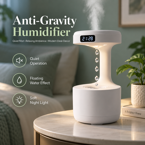 Anti-Gravity Humidifier with Floating Water Drop Effect, Quiet Desktop Cool Mist Humidifier with Soft Night Light & Digital Clock, Modern Bedside Decor for Bedroom, Office & Home
