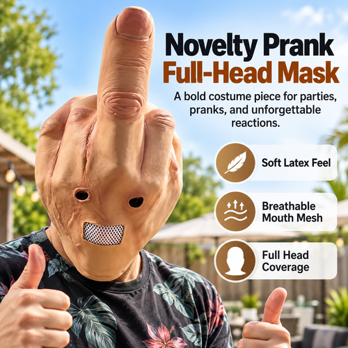 Novelty Middle Finger Full Head Mask, Funny Latex Prank Costume Mask with Breathable Mouth Mesh, Adult Gag Mask for Halloween, Costume Parties, Festivals & Joke Gifts