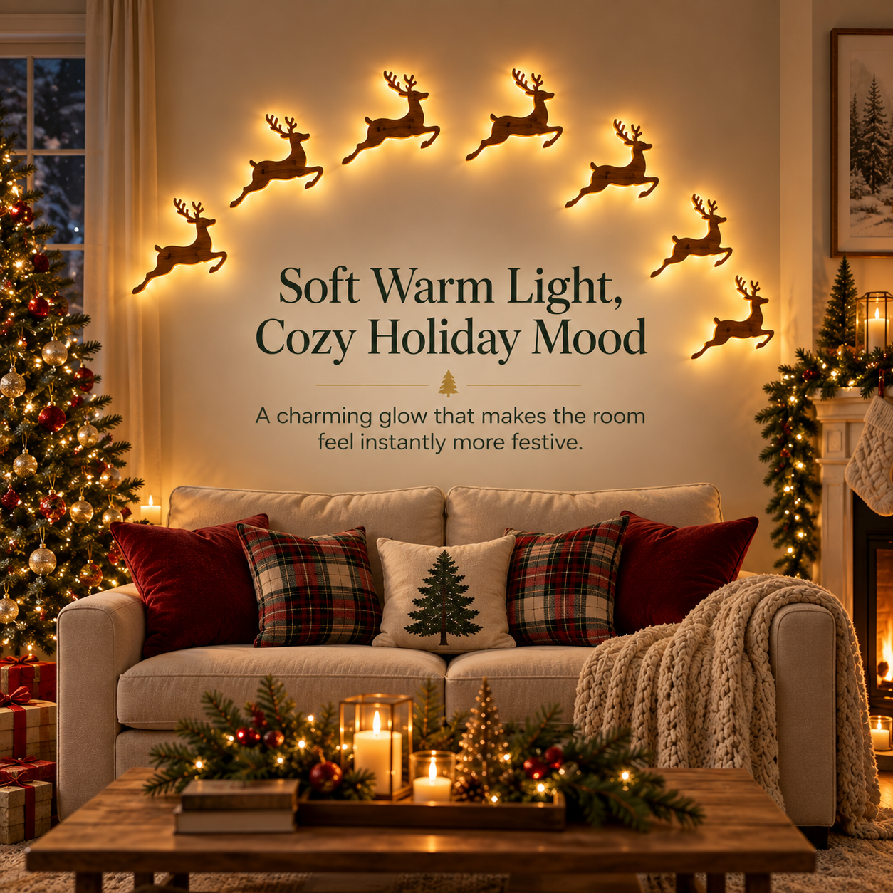 🦌 7-Piece Glowing Reindeer Wall Decor – Warm Christmas Flying Reindeer Light Set